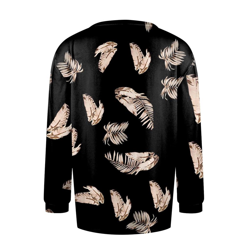 Women's New Button Collar Fashion Retro Printed Long Sleeves T-Shirt Slim Top Casual Tops