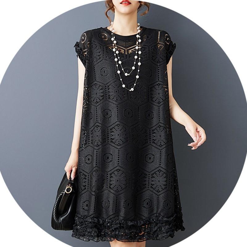 Short Sleeve Plus Size Black Lace Vintage New In Dresses for Women Casual Loose Midi Summer Dress