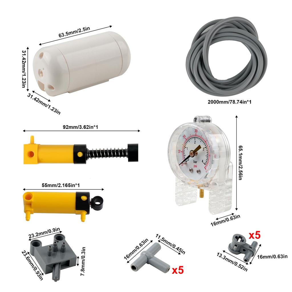 RCmall MOC Pneumatic Building Block Kit, 16 Pieces: Air Pressure Switch, Air Pump, Hose Pipe, Barometer, and Air Tank