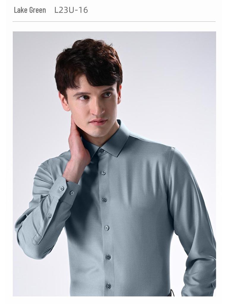 Men's Slim Fit Long Sleeve Modal Tencel Wool Shirt - Iron-Free, Machine Washable, Solid Color, Business Attire.