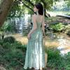 French Temperament Cold Feeling Green Floral Suspender Dress Women's Design Feeling Waist and Thin Seaside Vacation Dress
