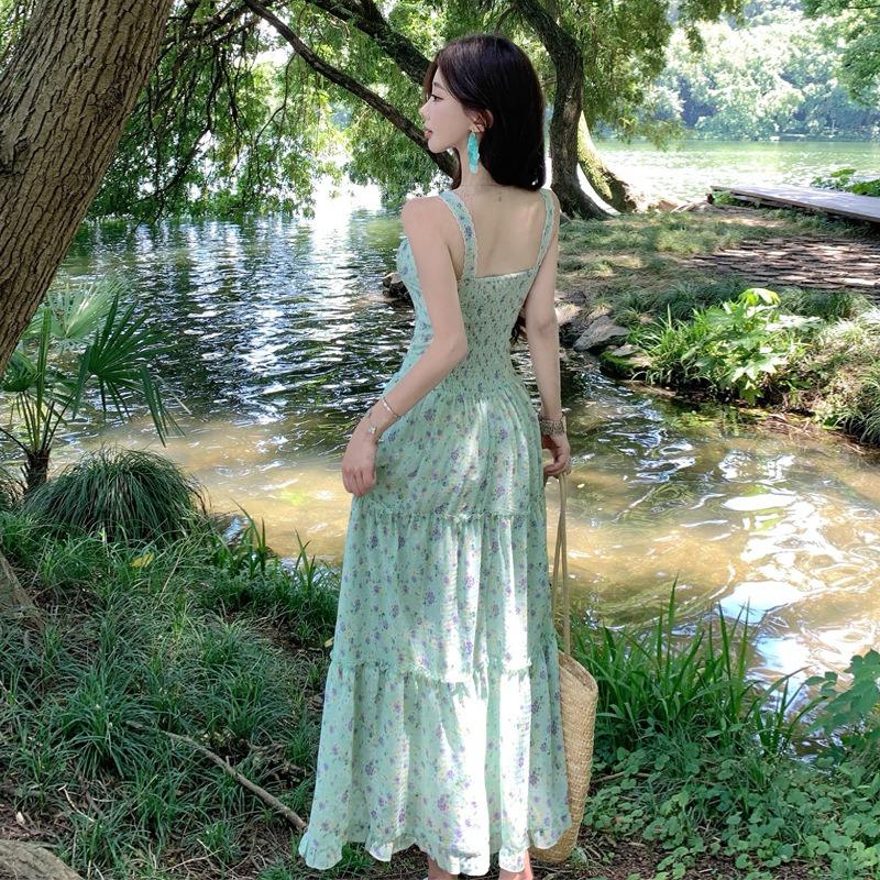 French Temperament Cold Feeling Green Floral Suspender Dress Women's Design Feeling Waist and Thin Seaside Vacation Dress
