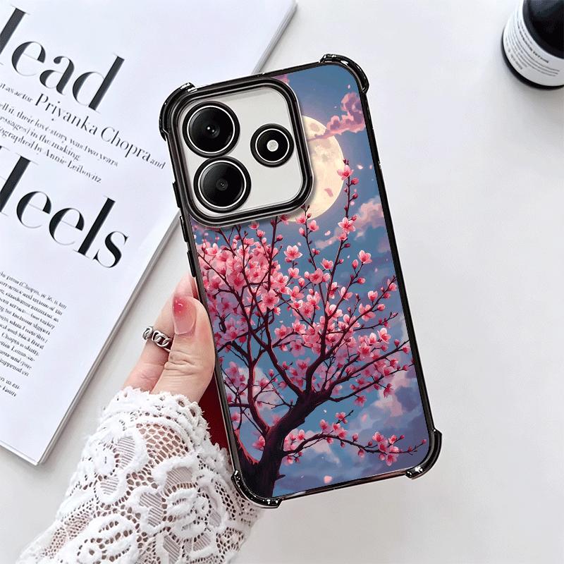 Dreamy Night Cherry Blossom Tree Plating Phone Case For Xiaomi Redmi Note 14 15 Pro Plus 13 12 11 11S 11T 10 9S 9 5G Anti-Fall A