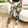 Summer Ladies Butterfly Floral Print Printed Sweatpants Loose Fit Drawstring Joggers Elastic Cuff Daily Casual Pants
