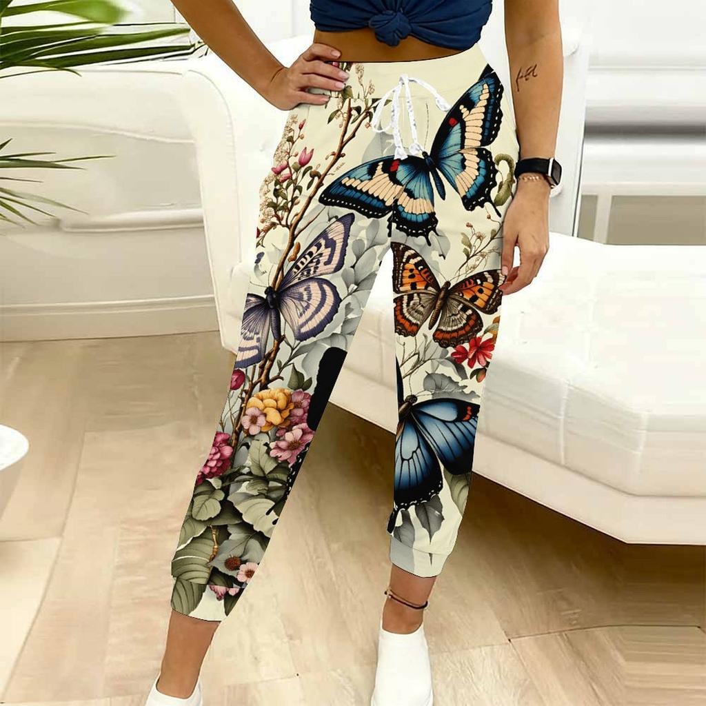 Summer Ladies Butterfly Floral Print Printed Sweatpants Loose Fit Drawstring Joggers Elastic Cuff Daily Casual Pants