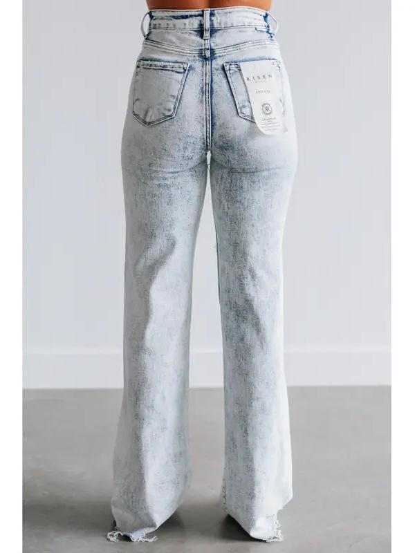 2025 Damen High Waist Gewaschene Weite Bein Jeans mit Großen Rissen und Micro Flare