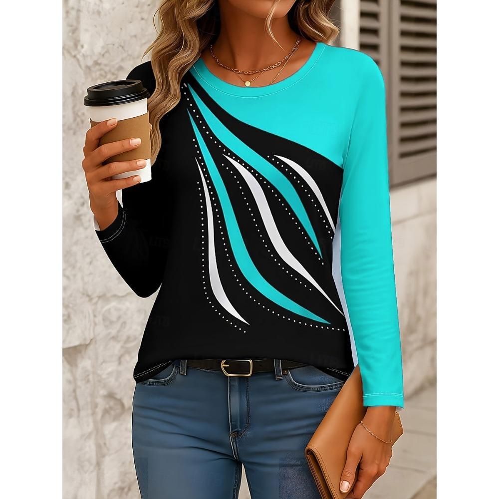 Women's T-shirt Casual Long Sleeve Tops Geometric Abstract Graphic Tees Shirts Blouse O-neck Fall Winter Streetwear Pullover