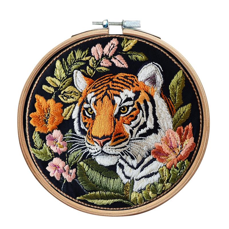 1pc Tiger and Flower Landscape Embroidery DIY Fabric Craft Kit with Tools