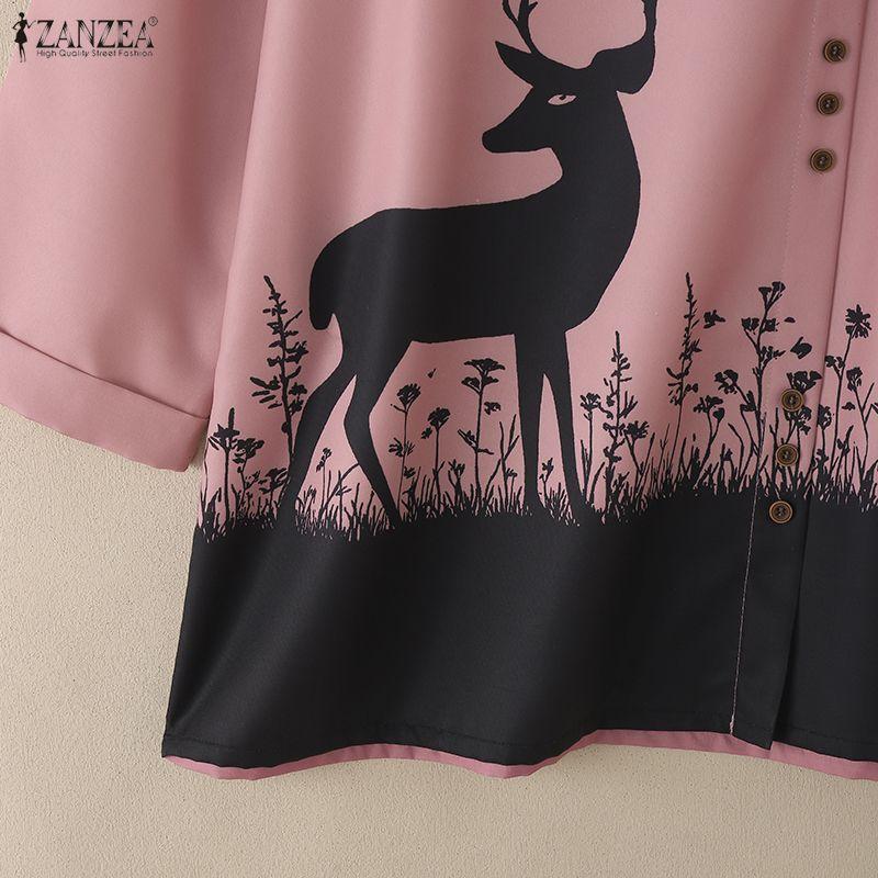 ZANZEA Women Casual Round Neck 3/4 Sleeve Loose Print Blouse