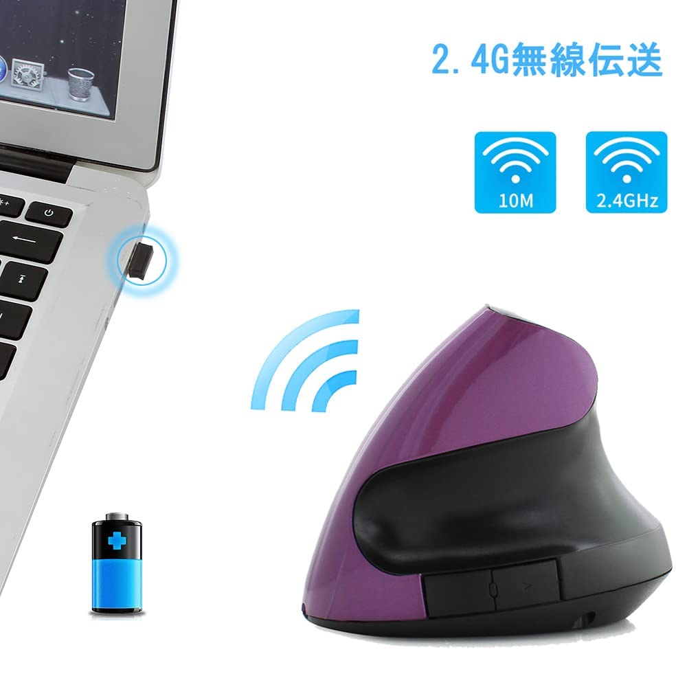 NAMOTUOFO Wireless Mouse, Vertical, Charging Mode, Mute Mouse (with Back and Forward Buttons), Perfect Grip, Purple
