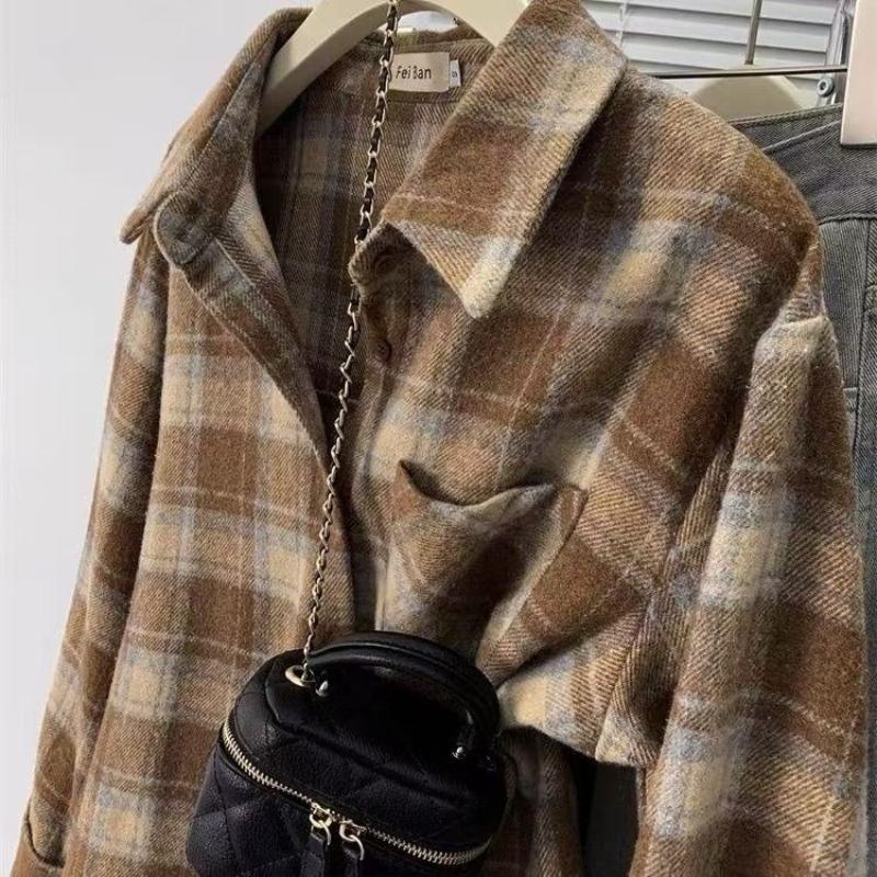 Taschen Dekorative Damen Karohemd Pendler Vielseitig Revers Langarm Bluse Herbst Frau Einreihig Trendiger Cardigan