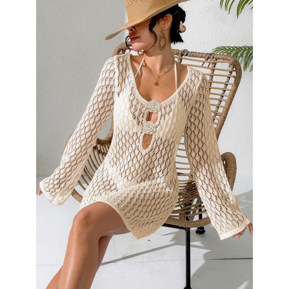 

Cut-out Sexy Beach Dress for Women, Bikini Blouse, Hand-hooked Flower Patchwork Blouse, Dress XL абрикосовий