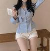 2026 Spring/Autumn Korean Chic V-Neck Ribbon Waist-Cinching Versatile Striped Women's Top
