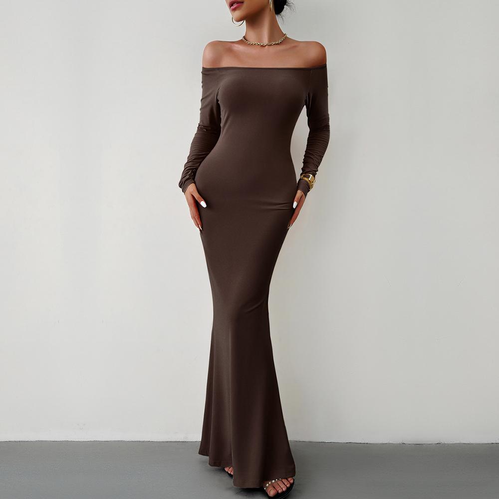 Dámské podzimní zimní sexy elegantní úzké úzké šaty s dlouhým rukávem bez ramen