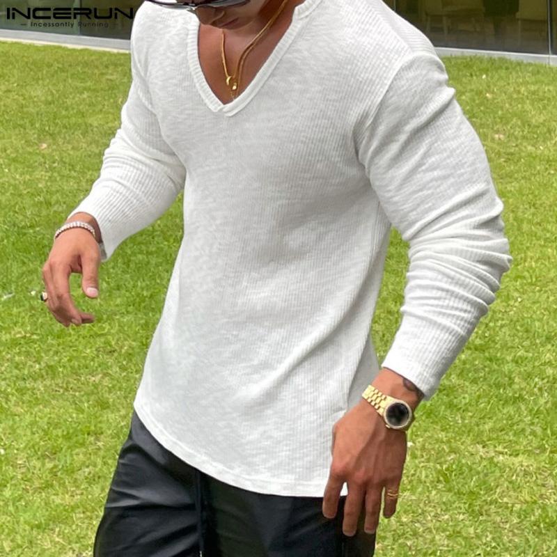 

INCERUN Мужские трикотажные однотонные повседневные рубашки с длинным рукавом и V-образным вырезом