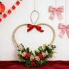 Romance Valentine's Day Heart Shape Wreath with Wood Beads Frame Red Ribbon and Simulated Flower for Festival Home Decors Measuring 36cm Wide 37cm