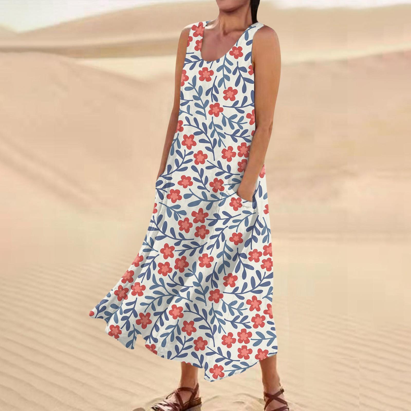 Women s Casual Comfortable Floral Print Sleeveless Cotton Pocket Dress XL