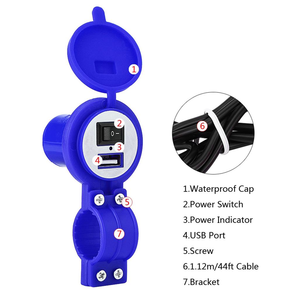 Universal Motorcycle USB Charger Socket Power Supply Port for Mobile Phone Waterproof Blue
