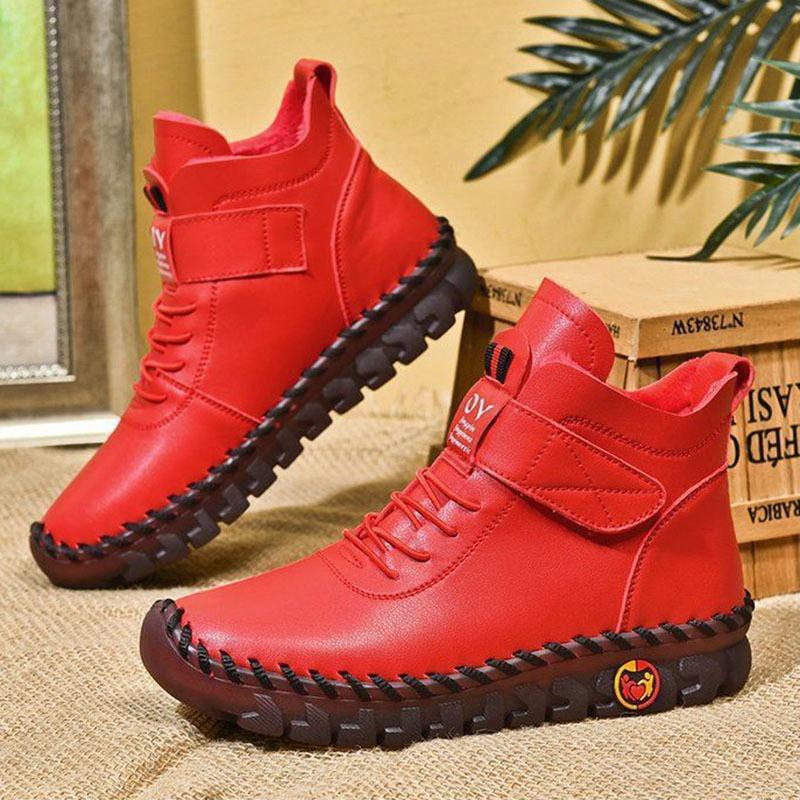 Mode Winter Fleece Warme Stiefel für Damen Lässig High-Top Weiche Sohle Flache Schuhe Uni Schnürung Pelz Baumwolle Damen Schuhe Retro Stiefeletten