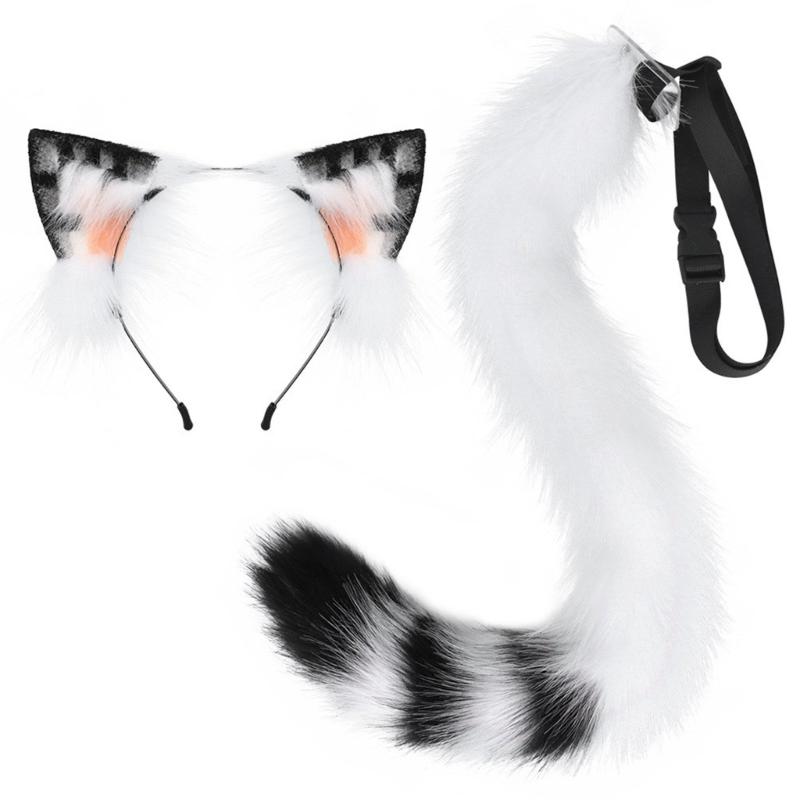 Anime-Cosplay Props Cat Ears and Tail Set Plush Furry Animal Ears Hairhoop with Cat Tail Fancy-Dress Party Costumes