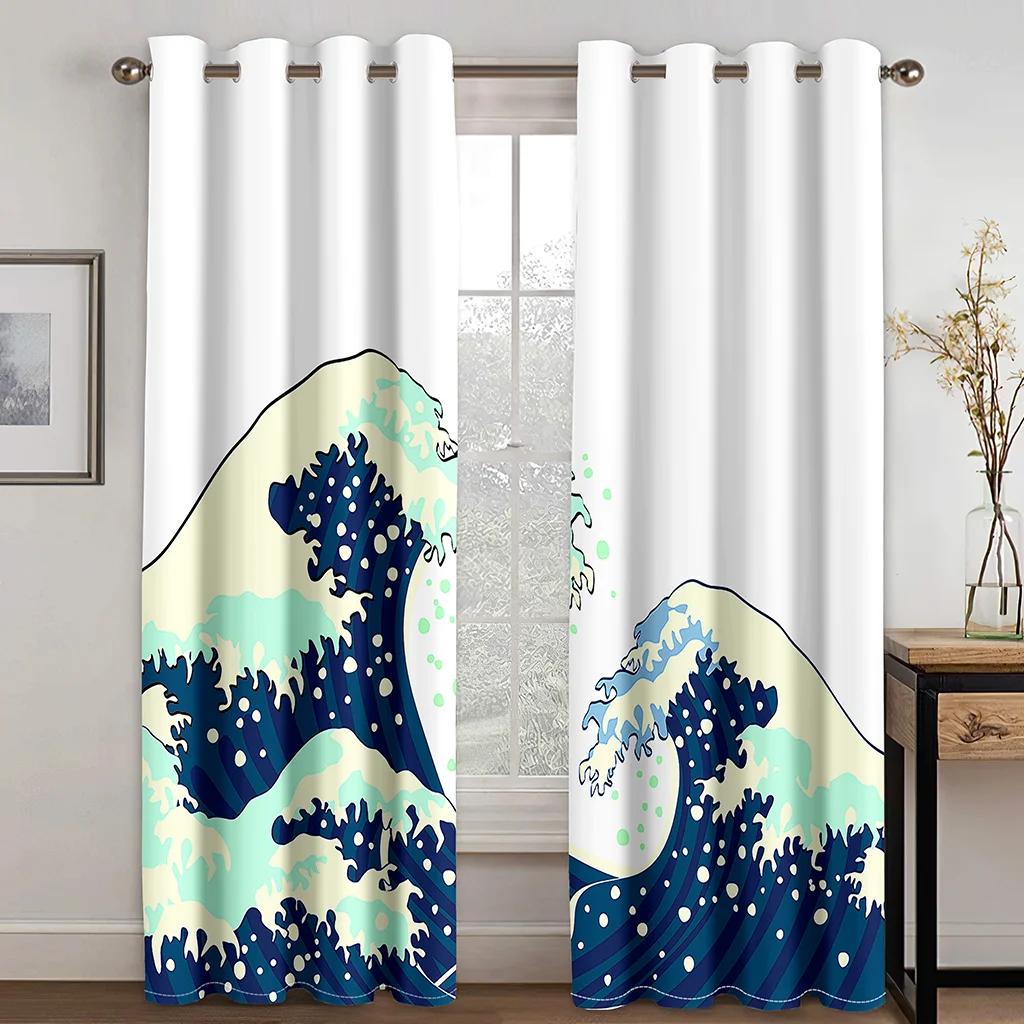 Japanese Style Wave Sun Samurai Manga Caricature Animation Light Filtering Drapes 2 Panelss Thin Window Drapes For Bedroom Space Living Space