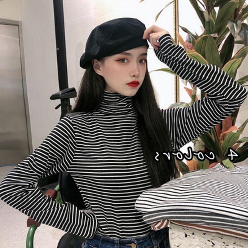 Women Striped Turtleneck Long Sleeve Base Layer Top Slim Fit Pullover Undershirt Autumn Winter