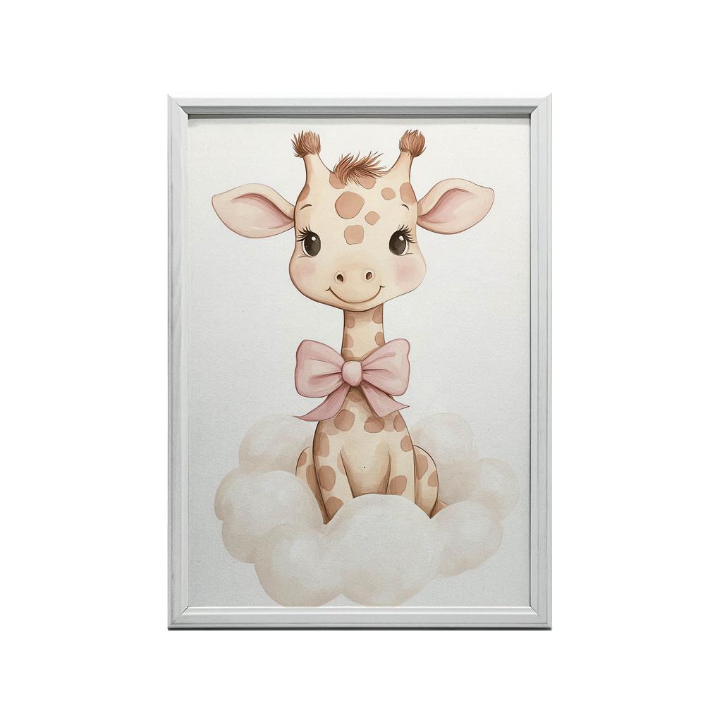 Plakat Mała Żyrafa Na Chmurce Plakat Mała Żyrafa Na Chmurce, 30X40 Cm, Rama Drewniana Jasny Dąb, Papier Matowy 230 Gsm