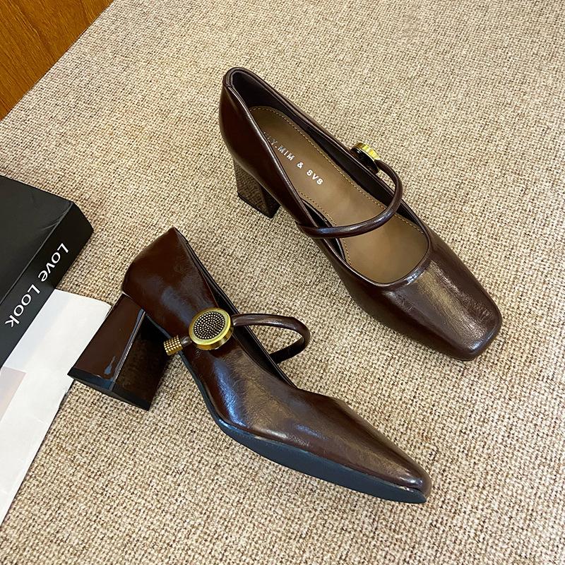 

G6850-202 black single shoes women s 2025 new spring and summer thick heel French Mary Jane women s shoes with skirt 40 коричневый
