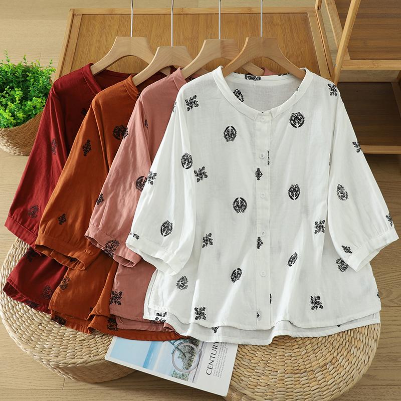 DIMANAF 2026 Plus Size Women Blouse Shirts Tunic Summer Oversize Loose Casual Cotton Linen Lady Tops Embroidery Floral