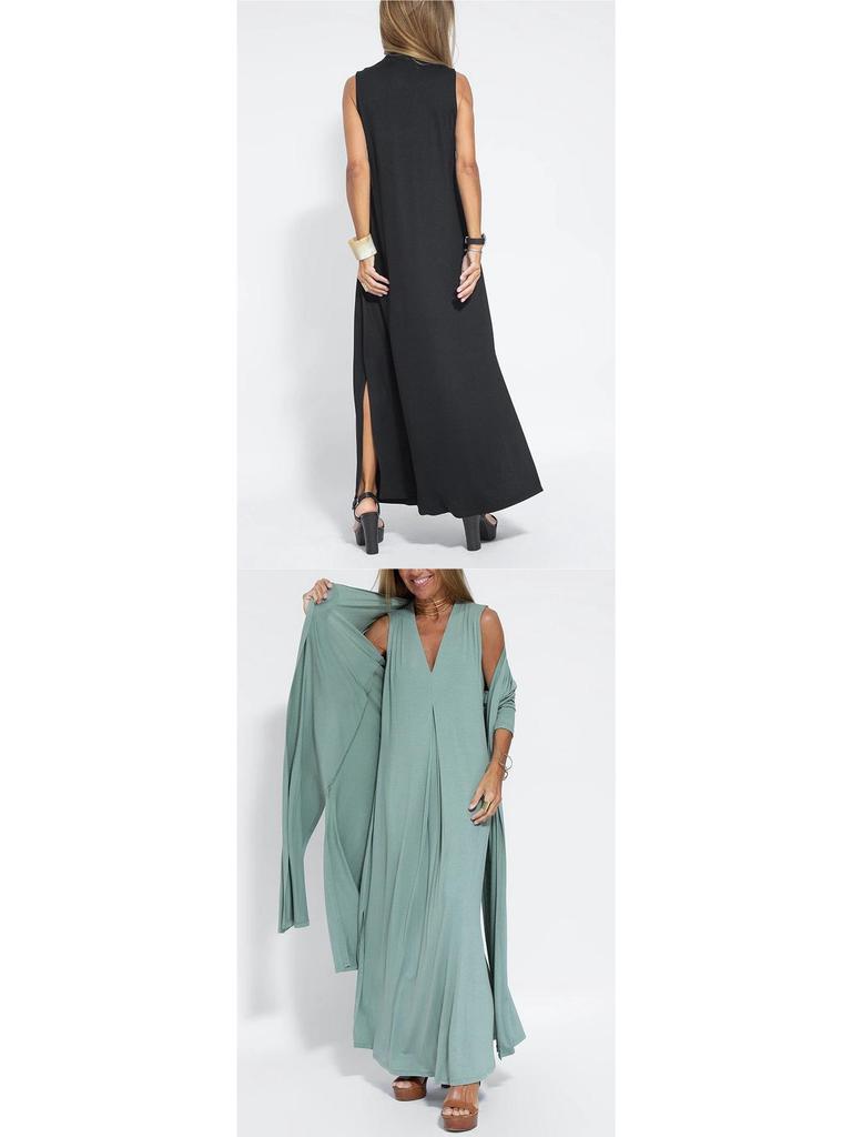 Europäisches und Amerikanisches Einfarbiges V-Ausschnitt Pulloverkleid und Strickjacken-Set für Damen