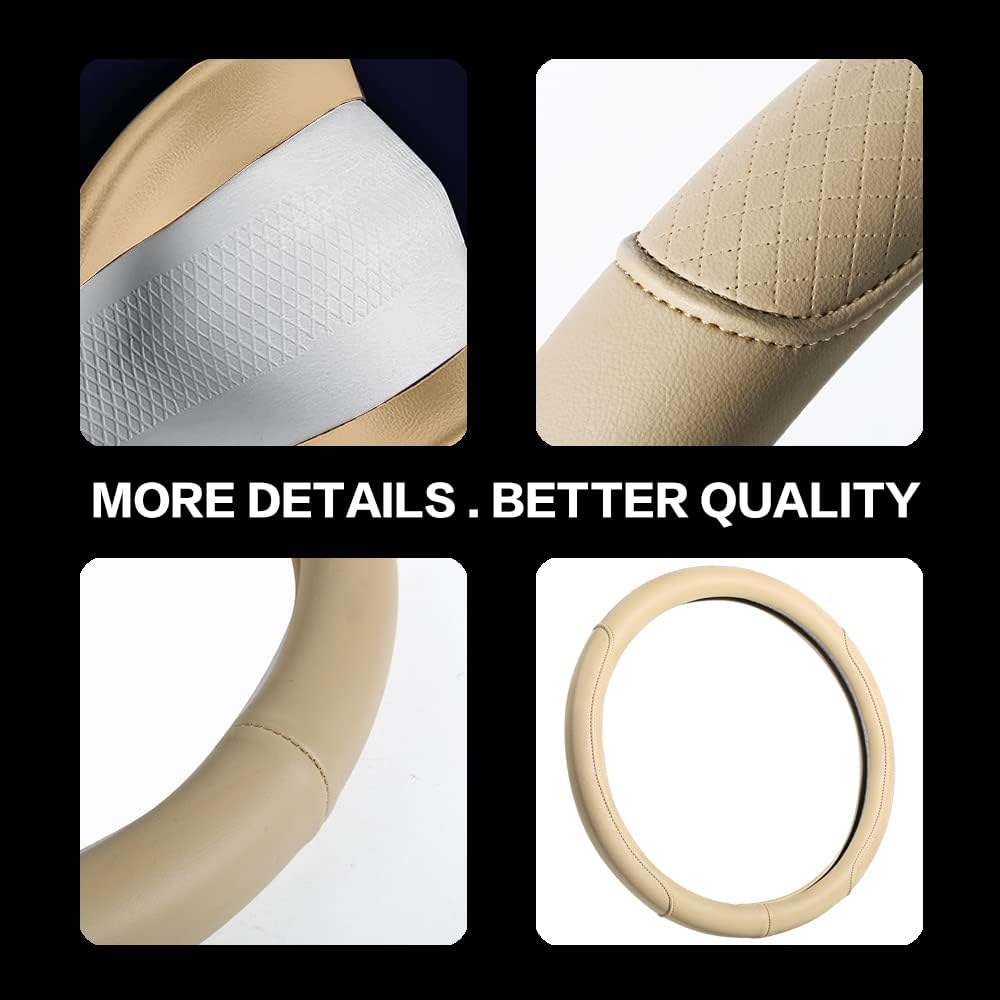 VARGTR Microfiber Leather Steering Wheel Cover With Classic Embossing, Anti-Slip Breathable Auto Car Wheel Protector, Fit 15 Inch (Beige)