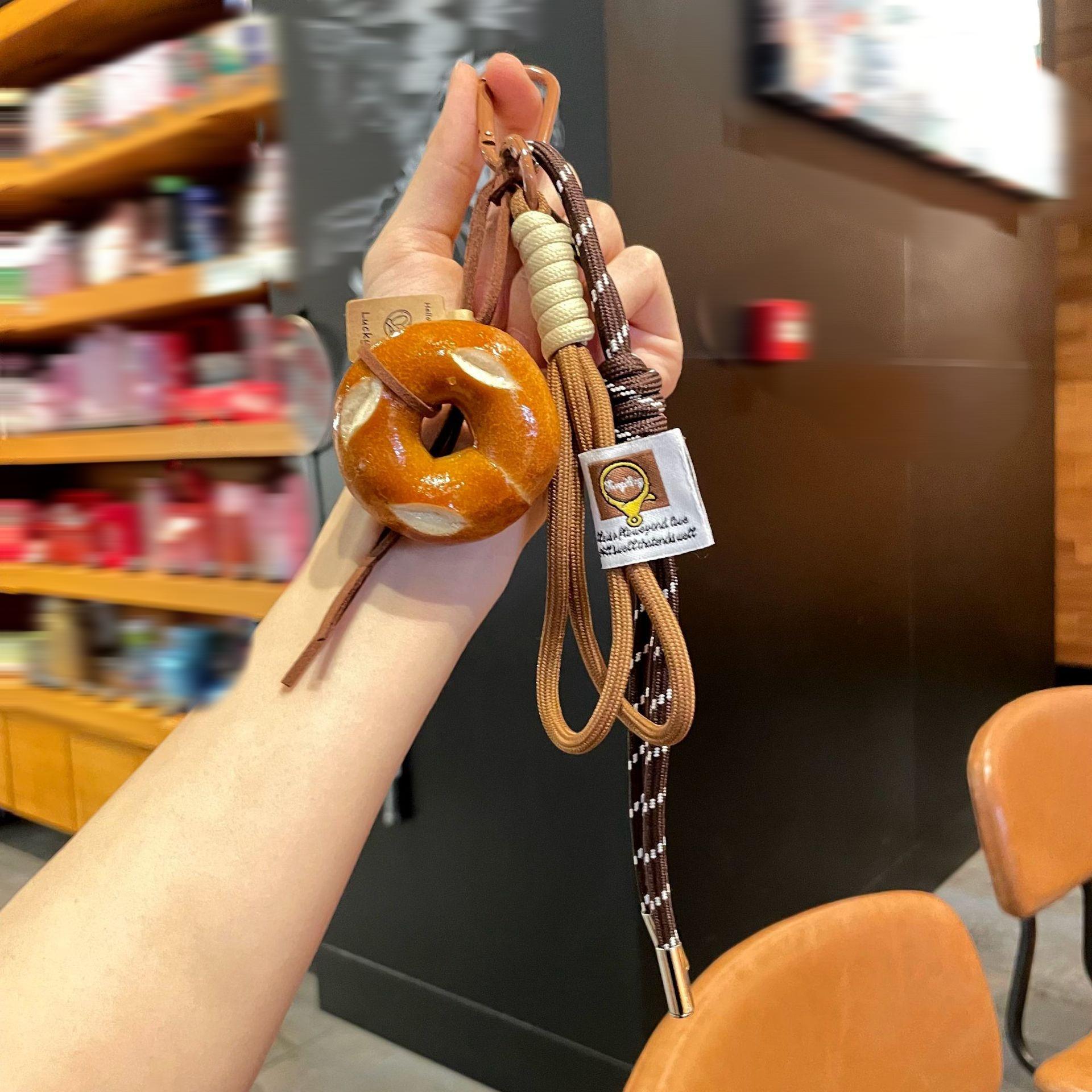 Cute Food Keychain Set, Pretzel & Donut & Chocolate Bag Charms with Braided Rope