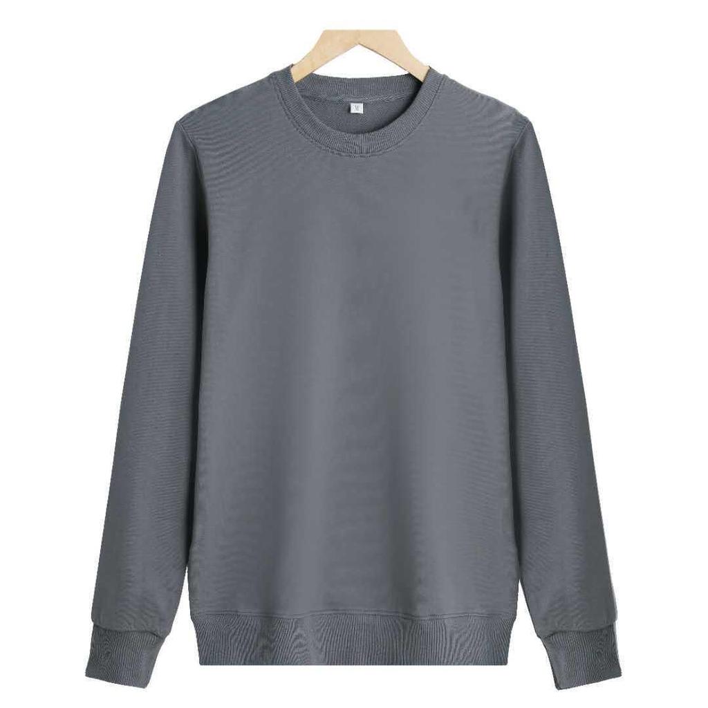 Spring Crew Neck Sweatshirt: Drop Shoulder, Solid Color, Long Sleeve, Logo-Printed Workwear.
