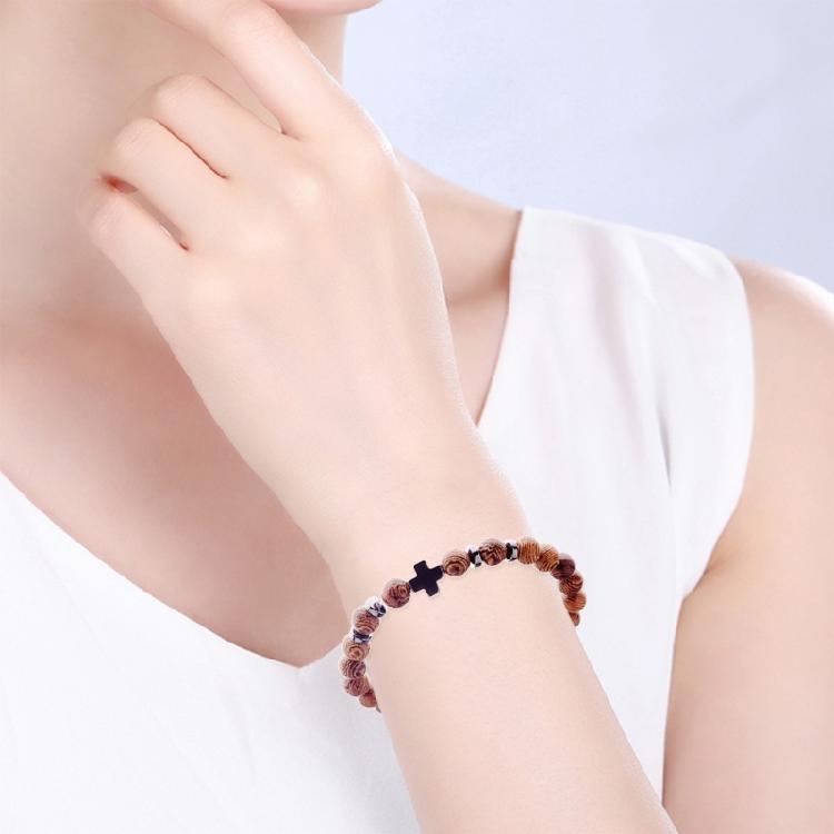 Handmade Natural Wood Bead Cross Bracelet Men Charm Beaded Elastic Bracelets