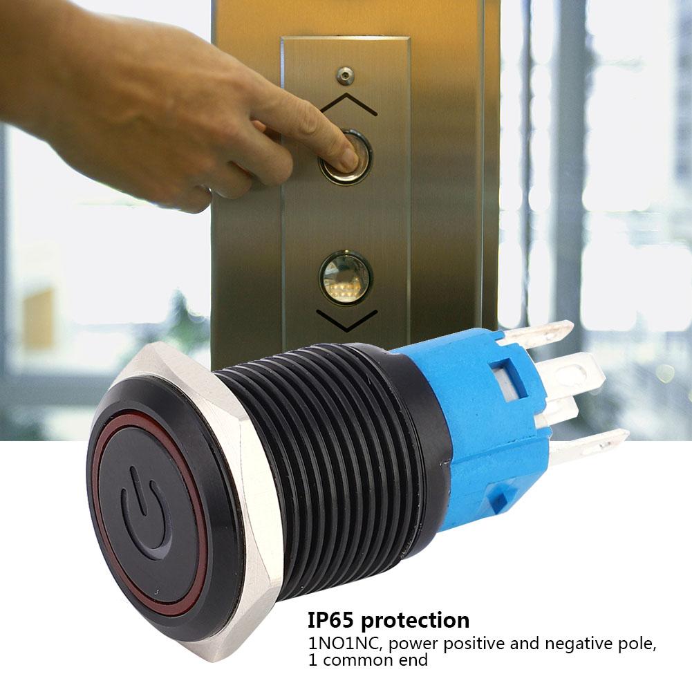 2PCS Black Self Locking Metal Switch IP65 Protection with LED Lamp and Symbol 16mm