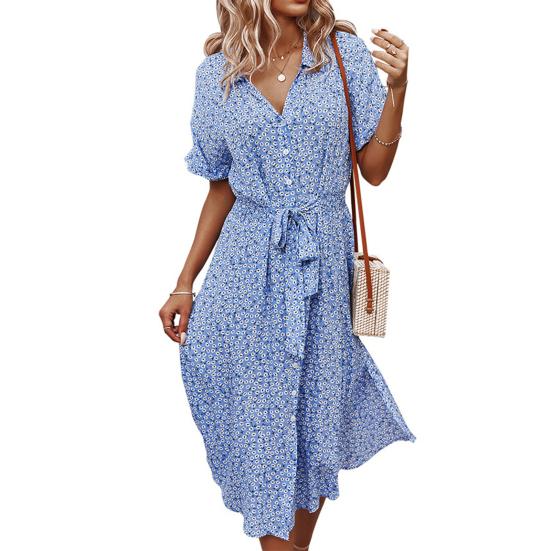 

Women Dress Floral Print Breathable Cotton Blend Sexy V-Neck Midi Dress for Beach M синий