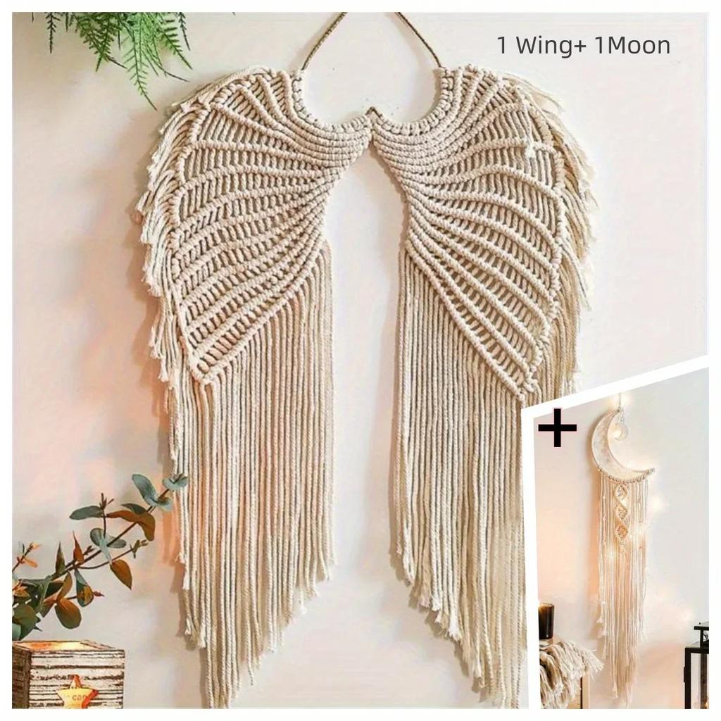 2pcs 1 Pc Wing +1 Pc Moon Tapestry Handcraft Symmetrical Design Woven Tapestry Bohemian Home Decor Angel Wings Macrame