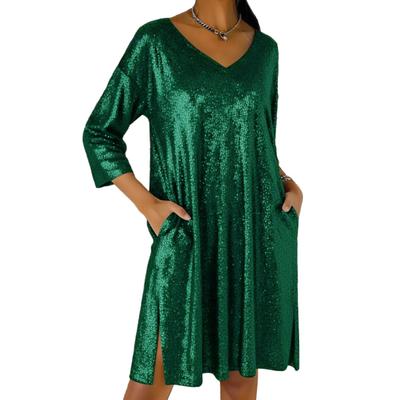 Vestido Mini de Lentejuelas para Mujer Brillo Manga 3/4 Cuello en V Brillante Fiesta de Cóctel Club Vestido con Abertura y Bolsillos