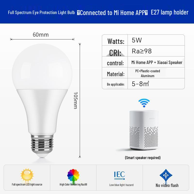 

Розумна Bluetooth LED лампочка Xiaoai E27 - Диммована, Full Spectrum, Захист очей, з пультом дистанційного керування