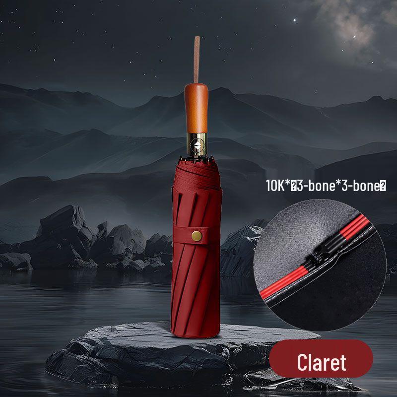 10K Automatischer Faltregenschirm mit schwarzem Kleber - Dreifach faltbar, Schutz vor Sonne & Regen mit Holzgriff.