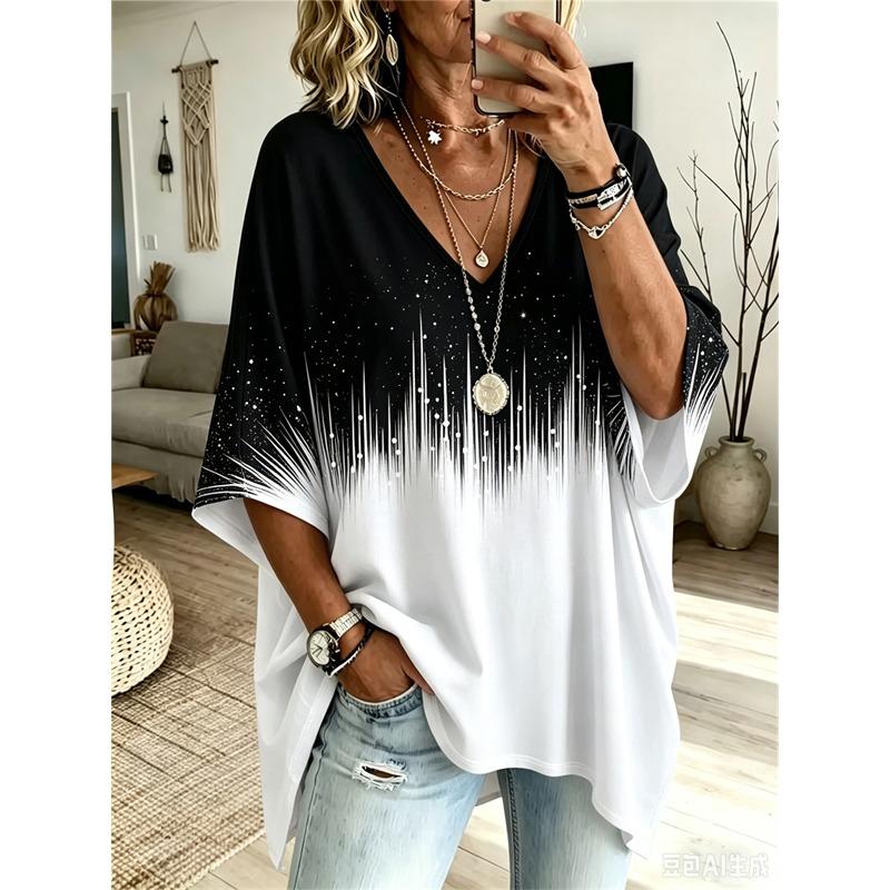 T-shirt da Donna Taglie Forti Scollo a V Maniche a Pipistrello Stampa Etnica Boemia Top Largo Estivo Comodo Traspirante Quotidiano Casual Stile Modellante