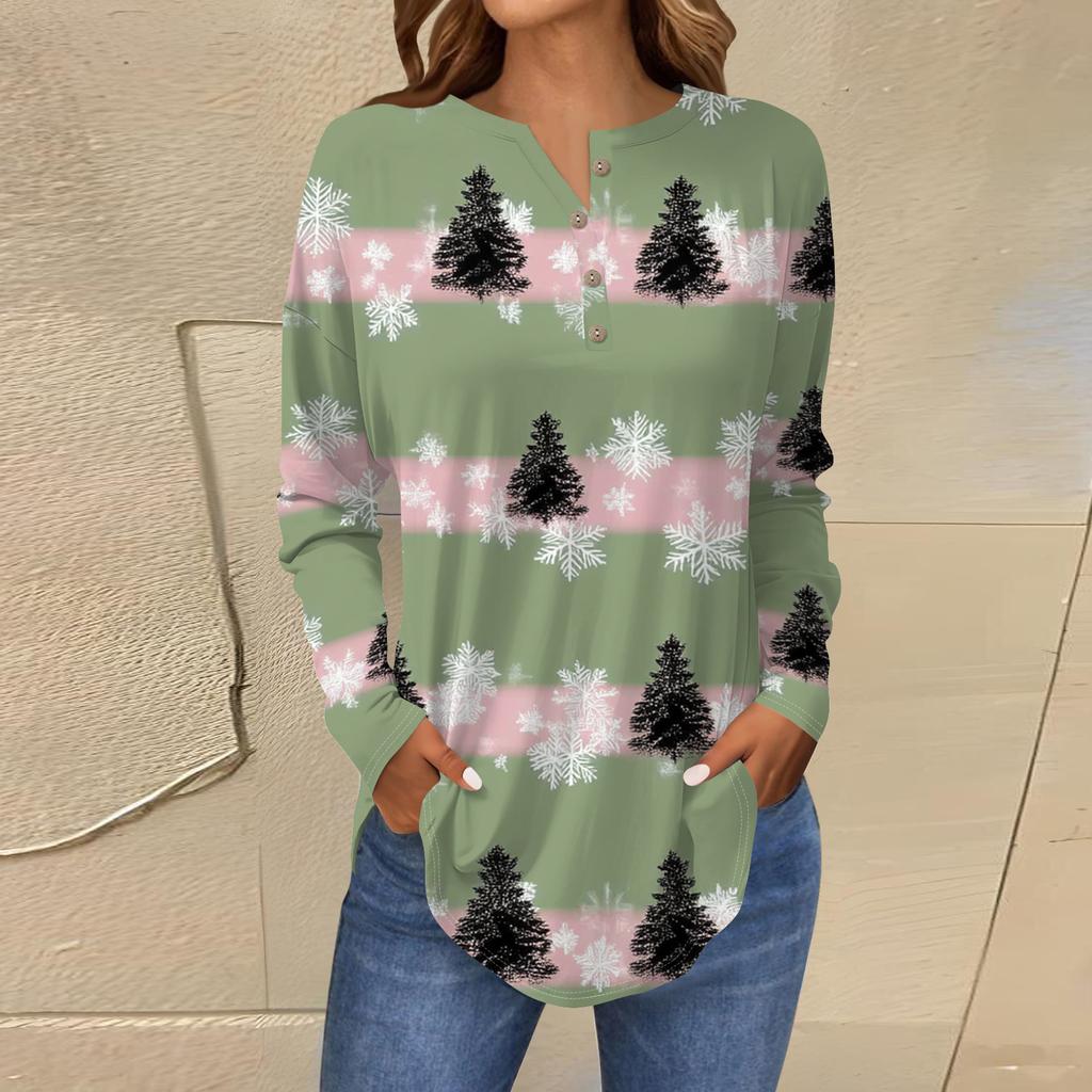 Damska modna bluzka o luźnym kroju z kołnierzykiem zapinanym na guziki i świątecznym nadrukiem z długim rękawem