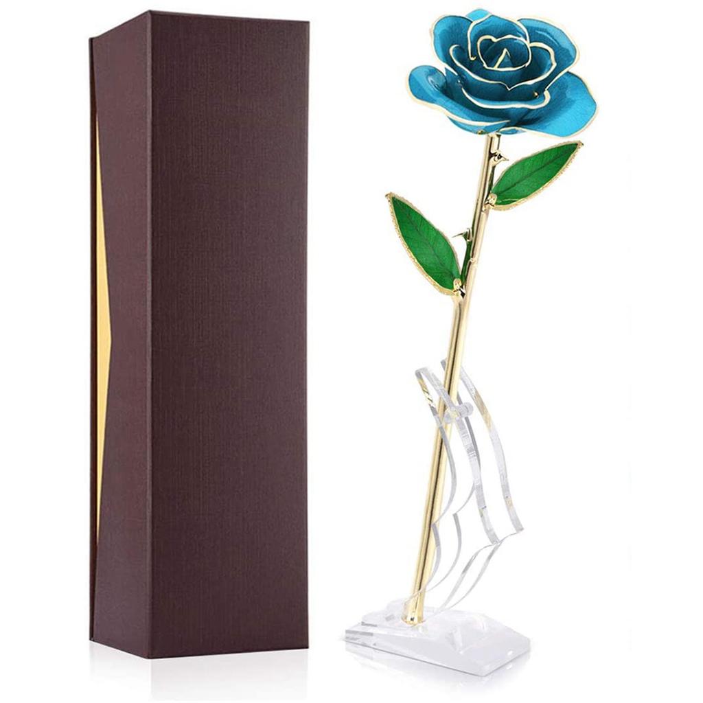 Rose mit langem Stiel, getaucht in 24 Karat Gold, in Geschenkbox mit Ständer (Hellblaue Rose mit Ständer)