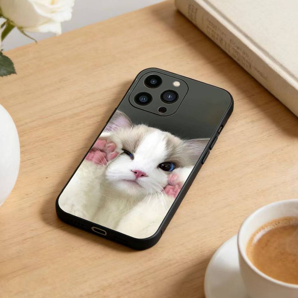 Funny Cute Cat  Phone Case For iPhone 17 16 15 14 13 12 Max Plus Silicone Black Cover