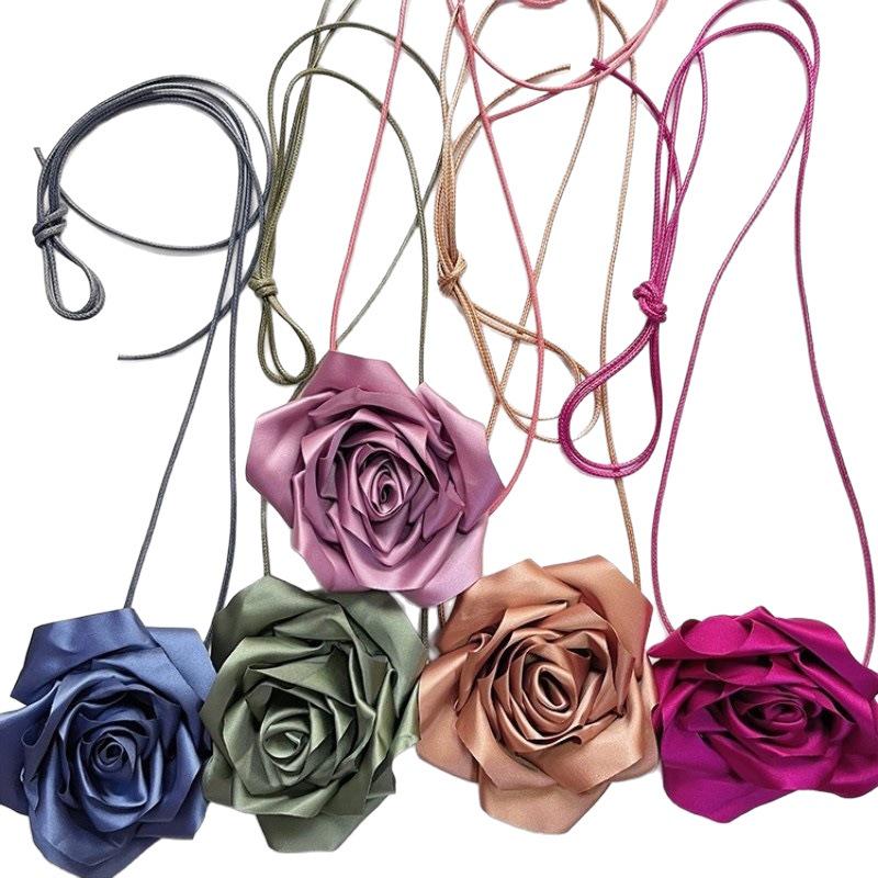 Vintage Rose Satin Flower Necklace & Hairband Choker - Versatile Women's Waist Accessory
