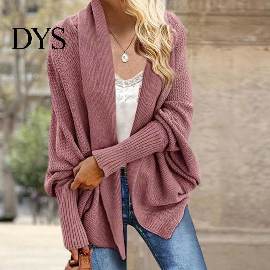 Women Cardigan Coat Collarless Batwing Long Sleeve Open Front Knitting Layering Jacket Elastic Cuffs Solid Color Loose Fit Knitted