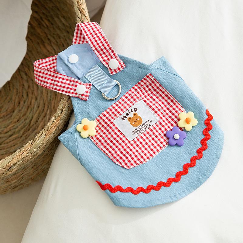 Cat Clothes Spring Thin Plaid Pocket Denim Strap Skirt Blue Cat Kitten Hairless Cat Dog Pet Clothes