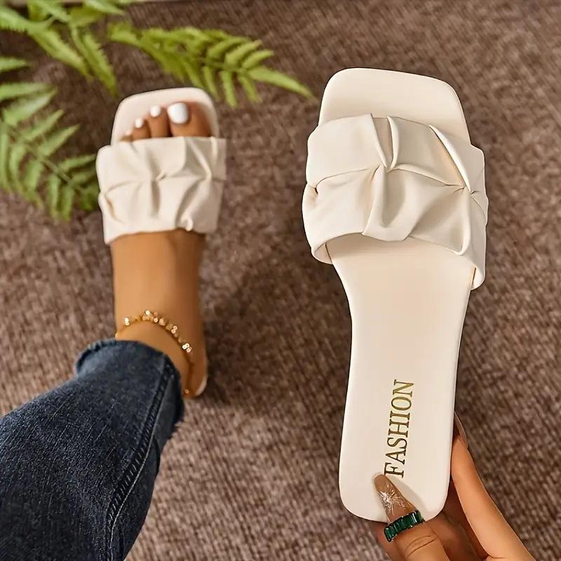 Tongs plates d'été pour femmes à plis carrés et bout ouvert - Version coréenne Confortables et amincissantes