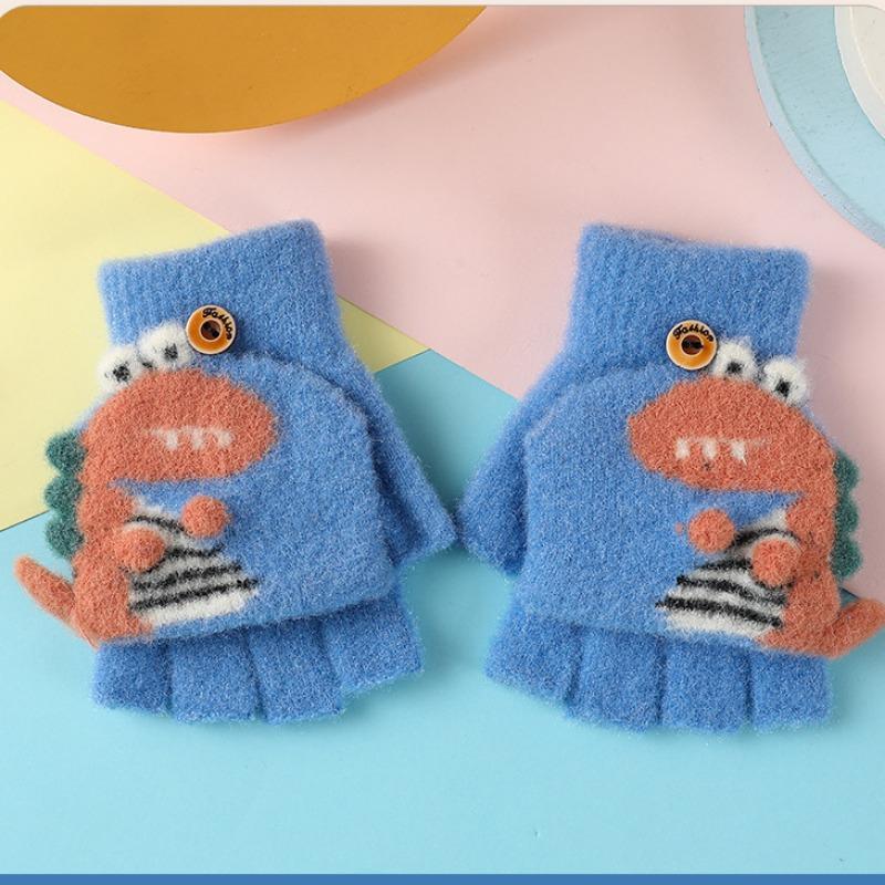 Kawaii Cartoon Dino Kids Gloves Half Finger Flip Gloves for Boys Girls Children Winter Warmth Writing Gloves 3-6T
