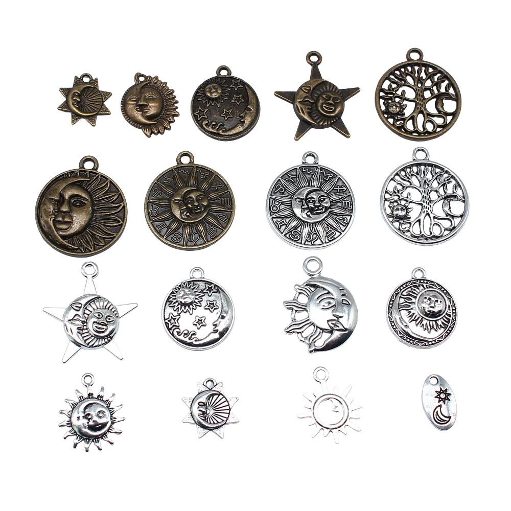 20pcs Charms Zodiac Sun Moon Tibetan Bronze Silver Color Pendants Antique Jewelry Making DIY Handmade Craft
